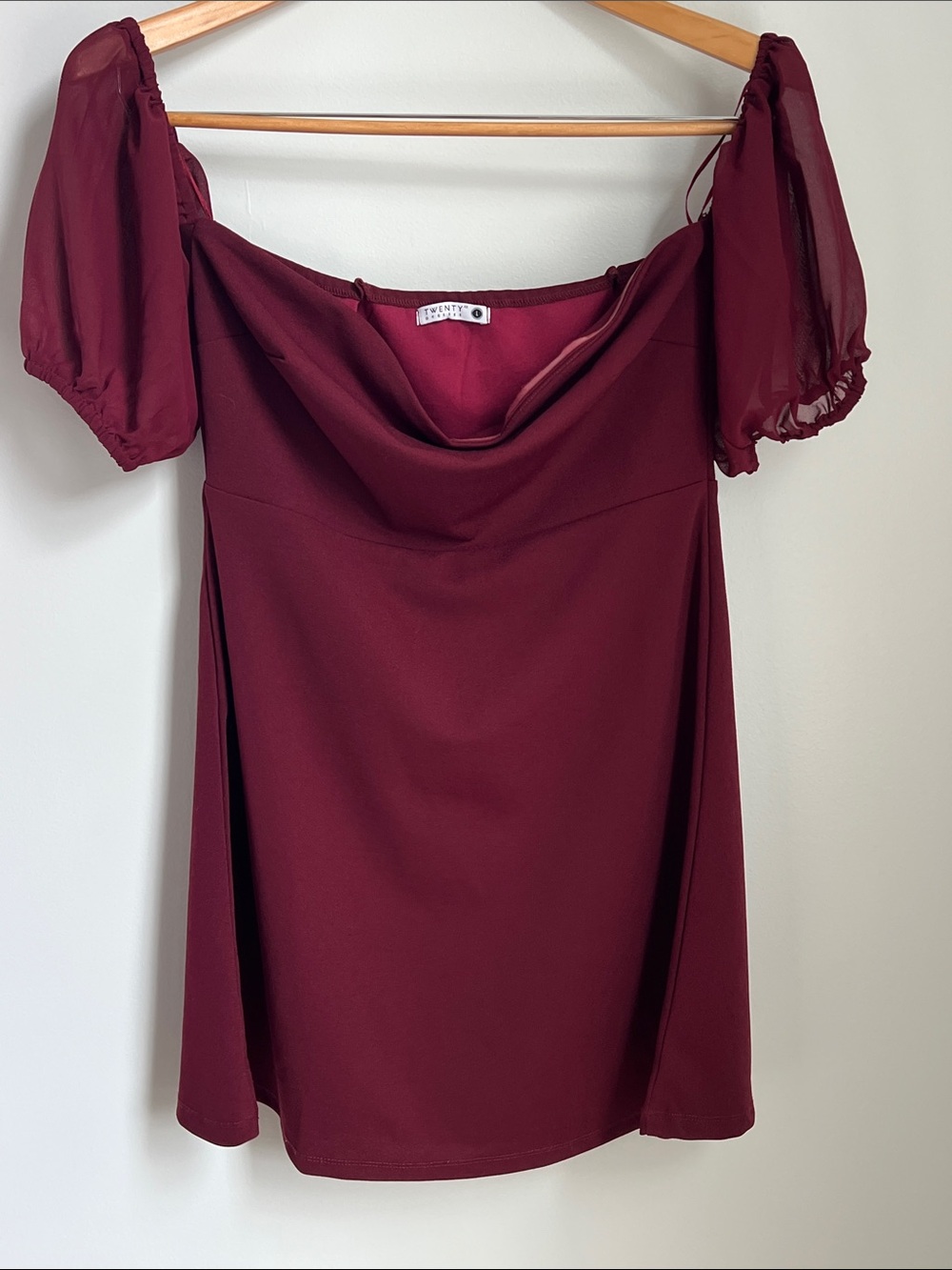 Twenty | Burgundy Off-Shoulder Cowl Neck Puff Sleeve Dress Size L